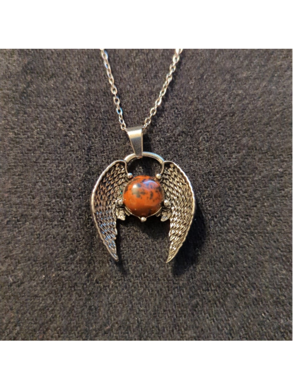 Silver Tone Brown Mahogany Obsidian Gemstone Winged Pendant Statement Necklace
